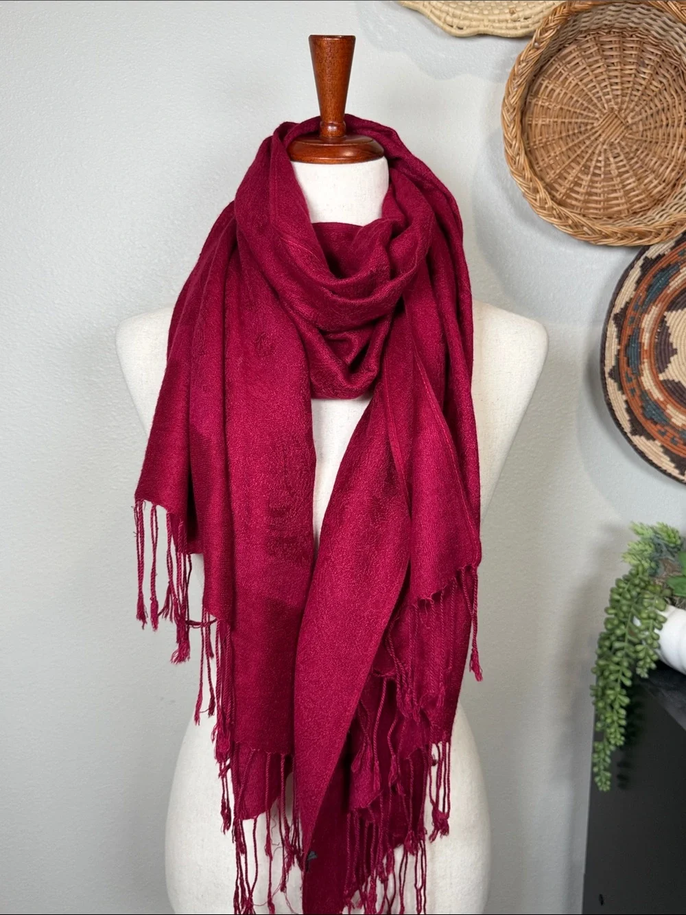 Pashmina Silk Scarf Red Raspberry with Tassels Fringe